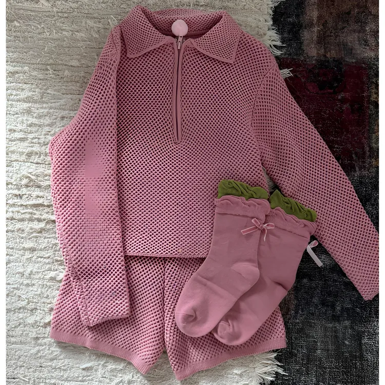 女童针织套装2025秋冬新款儿童洋气时髦粉色宽松翻领毛衣休闲短裤