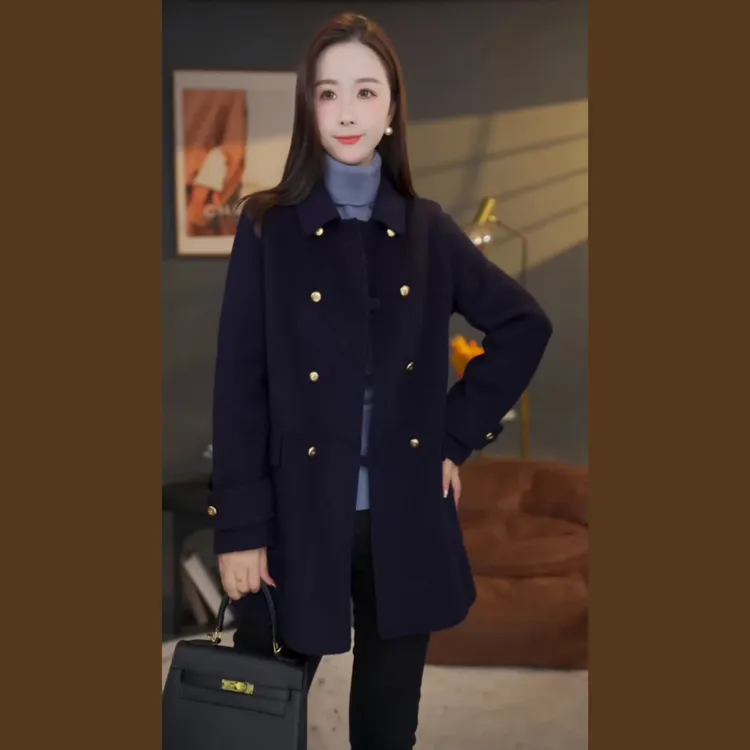 【杨杨专属】曼贝秋冬新款高端百搭长袖双面羊绒大衣8584417海军蓝