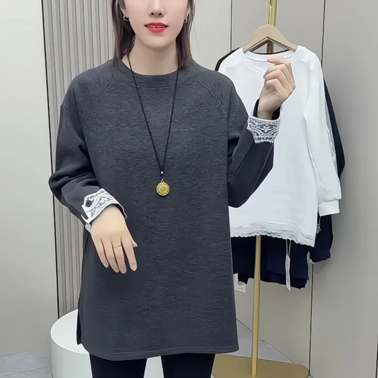 套头蕾丝INS风秋季拼接纯色卫衣休闲百搭长袖圆领宽松长款韩版