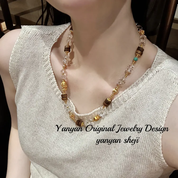 合金亚克力项链 合金几何女中国风金色复古欧若精灵风颈链链条