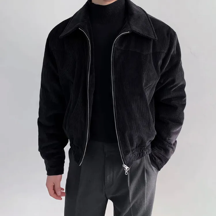 黑色灯芯绒翻领夹克棉服男士秋冬复古港风休闲保暖短款双拉链外套