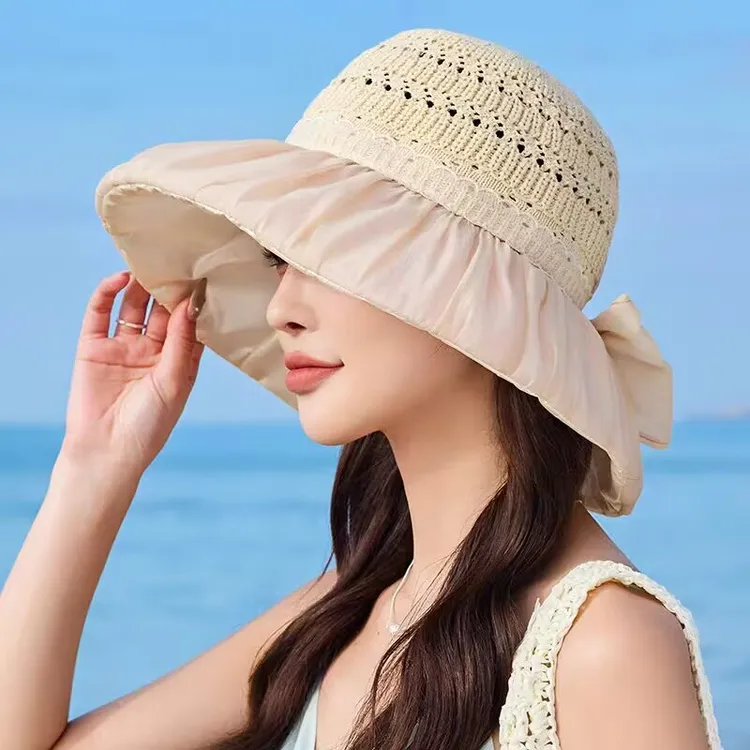 防晒帽子女夏季大檐彩胶渔夫帽防紫外线褶邹太阳帽可扎马尾遮阳帽