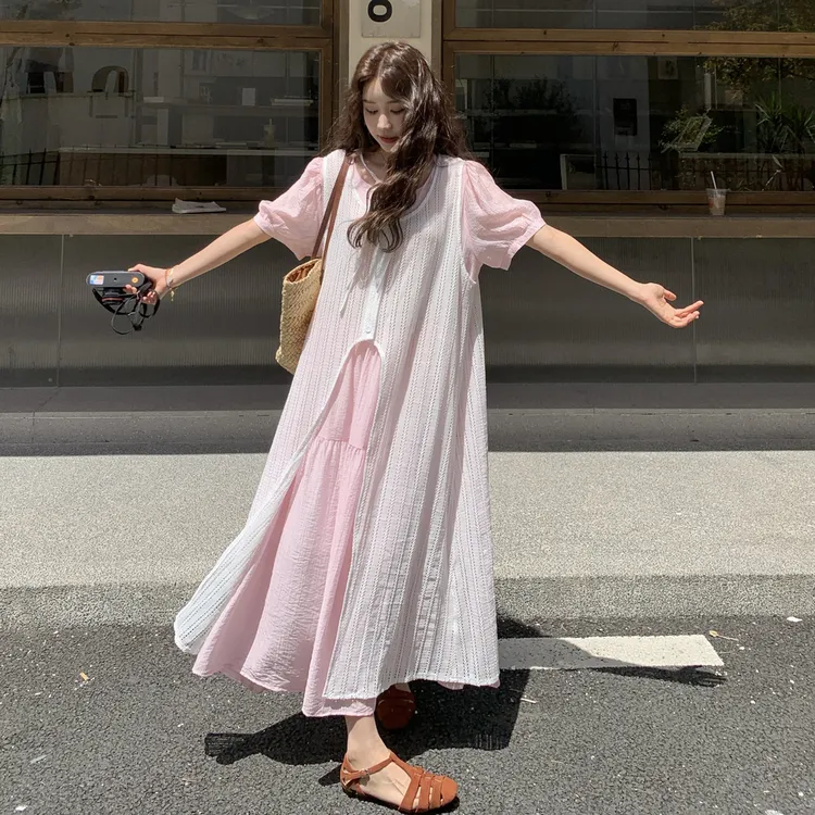 甜美减龄粉色镂空罩衫叠穿短袖连衣裙套装女夏休闲新款长裙两件套