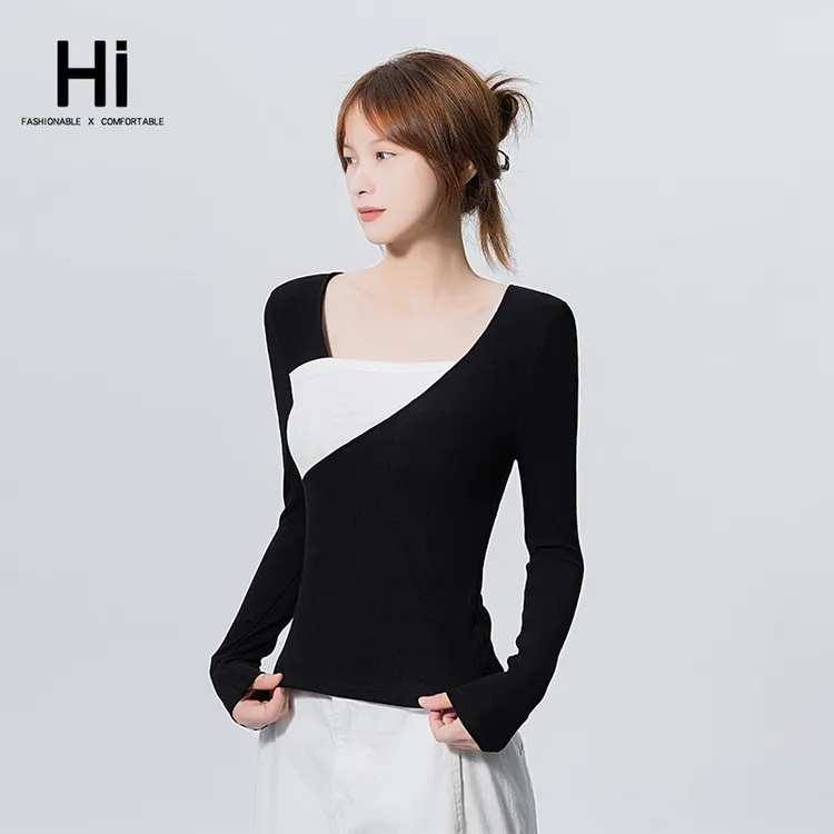 拼色拼接方领长袖打底衫2025新款秋冬季修身百搭显瘦遮肚上衣女
