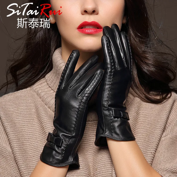 头层纯羊皮真皮手套女士冬季触屏骑车防风保暖加绒蝴蝶结秋冬冬天
