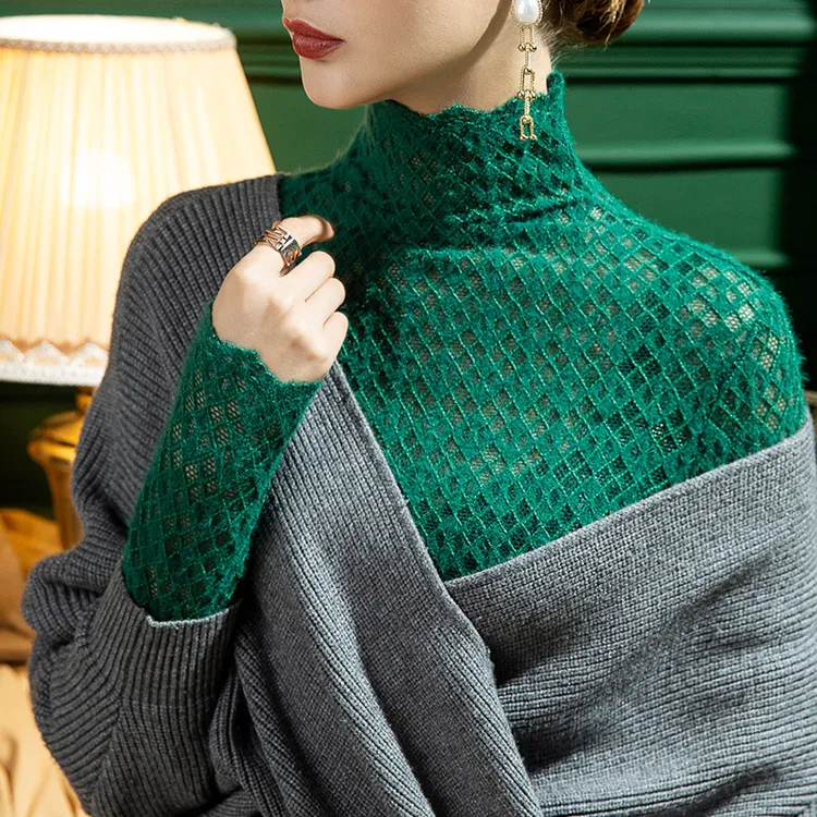 2025秋季新款高领蕾丝打底衫女磨毛格子镂空秋冬修身内搭长袖上衣