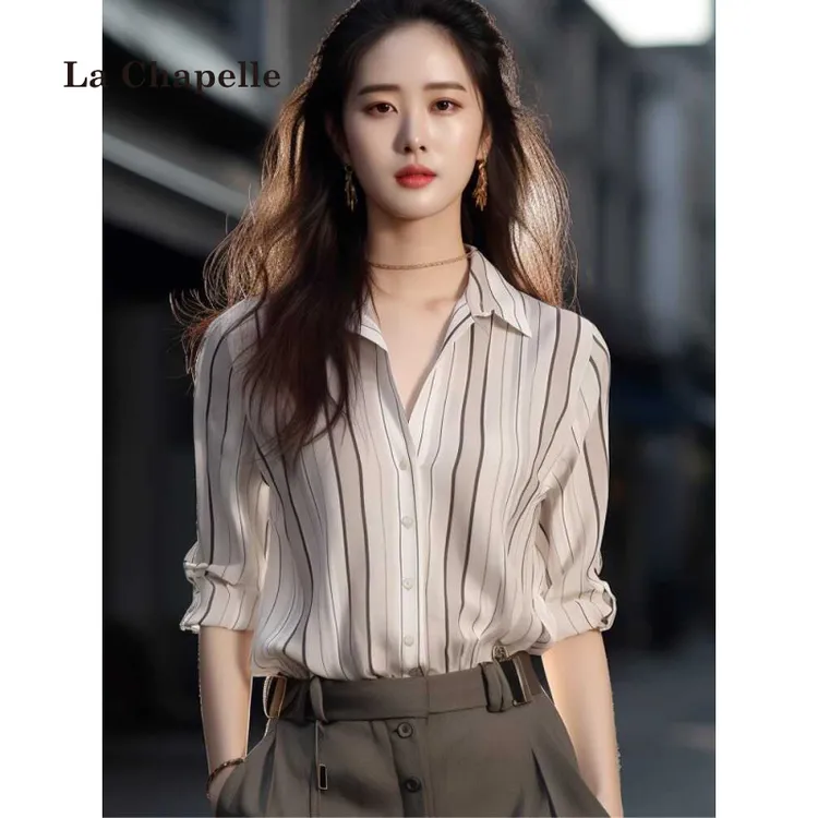拉夏贝尔长袖衬衫女25新款小众时尚复古版型洋气宽松条纹上衣春秋
