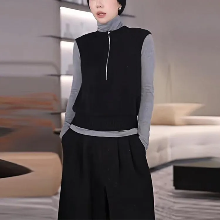 简约风休闲纯色高领打底半拉链针织衫马甲套装女2025春季新款上衣