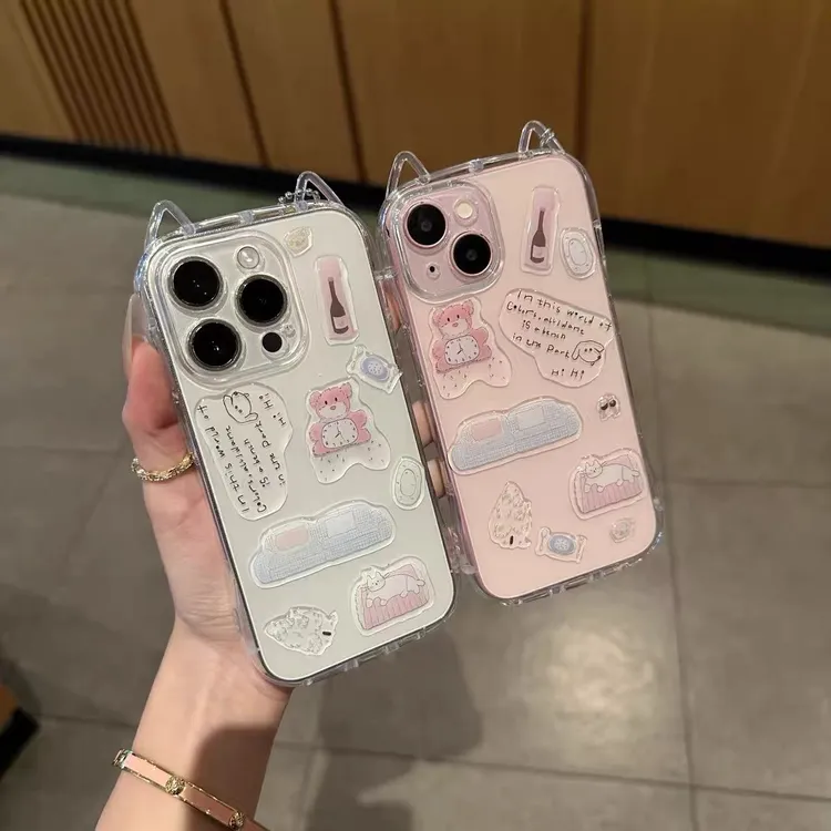 ins风猫耳朵小熊贴纸适用苹果17/16promax手机壳iPhone161514软13
