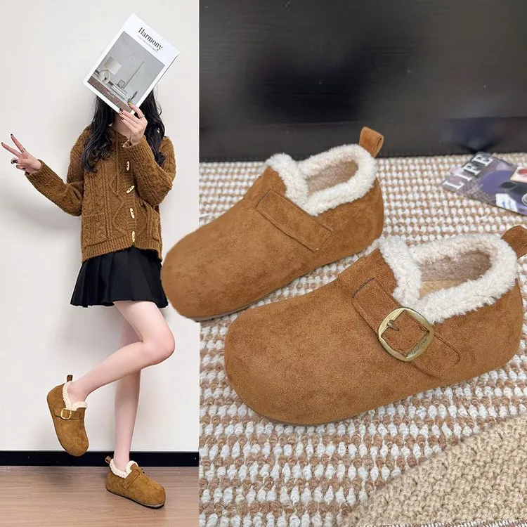 厚底内增高加绒勃肯鞋女秋冬季保暖棉鞋圆头复古一脚蹬百搭毛毛鞋