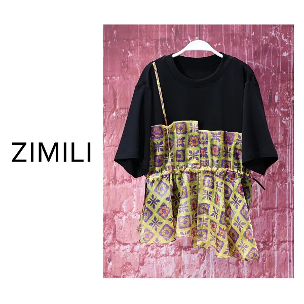 【亮哥女装】2025欧货设计师耀夜黑拼接印花网纱短袖裙9189