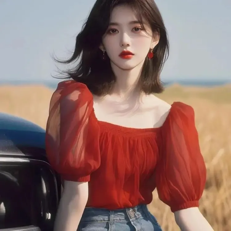 法式轻熟设计感上衣小众时髦别显瘦超好看红色方领雪纺泡泡袖衬衫