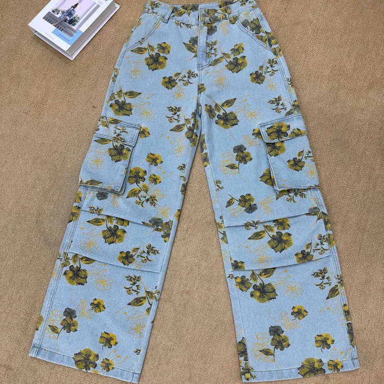 丨语嫣牛仔丨碎花春日浪漫薄款黄碎花女印花高腰牛仔裤时尚