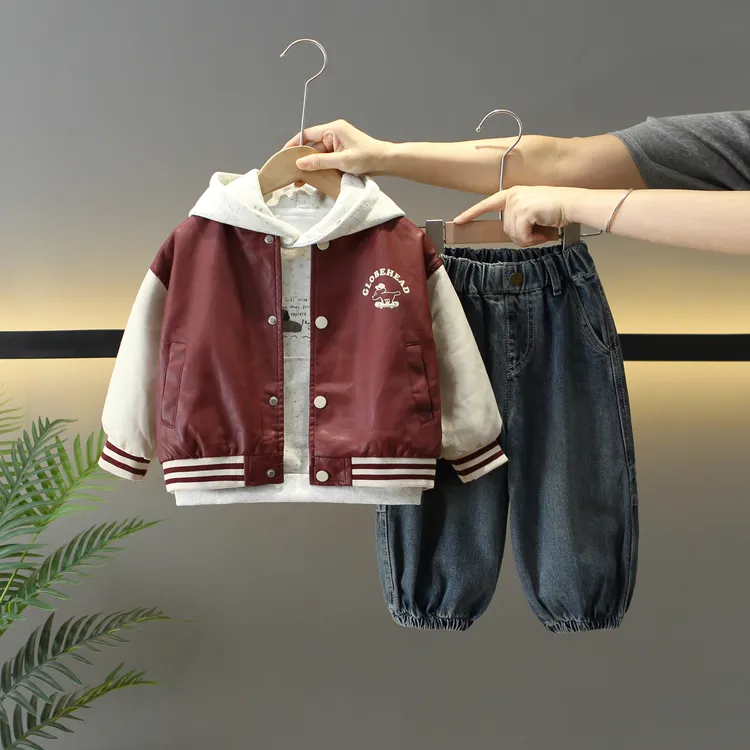 男童套装春秋2025年款衣服儿童服装宝宝皮衣外套痞帅童装棒球服潮