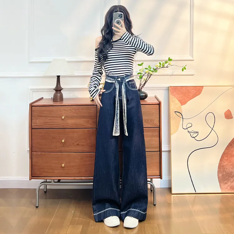 深蓝阔腿牛仔裤女春秋夏季2025新款时髦潮流慵懒腰带直筒裤子