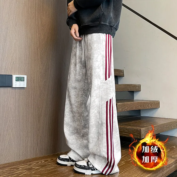 三条杠条纹加绒卫裤男款秋冬季美式潮牌阔腿裤子垂感运动休闲长裤