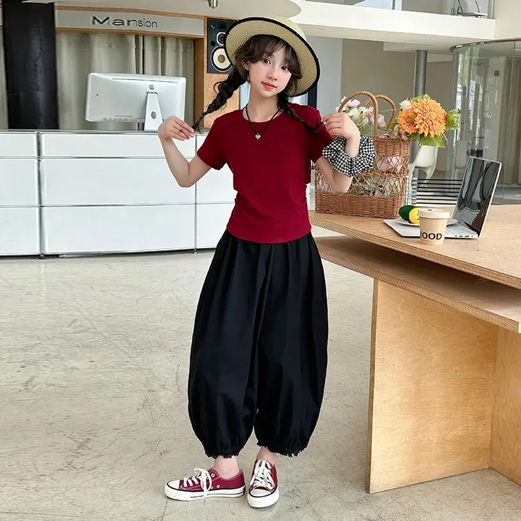 夏季女童新款时尚短袖套装2025新款中大儿童休闲薄款宽松灯笼裤潮