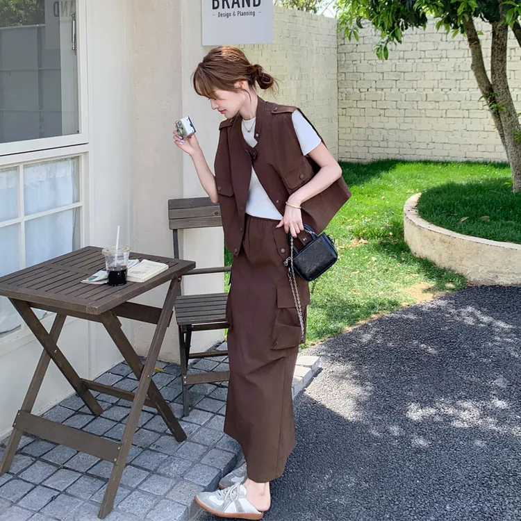 工装风马甲T恤半身裙套装2025女夏新款复古甜酷风可盐可甜三件套