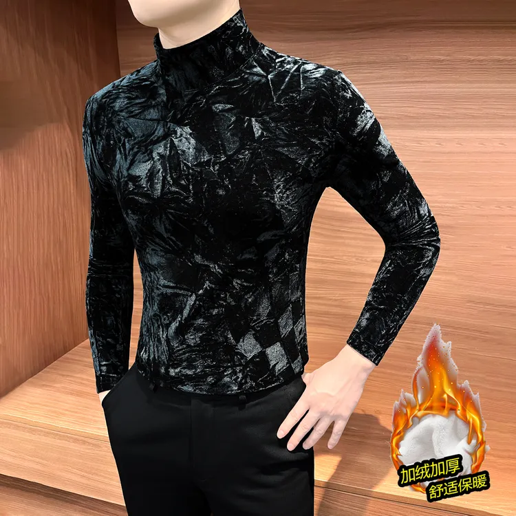 丝绒男士打底衫秋冬爆款2025新款痞帅洋气褶皱半高领内搭长袖t恤