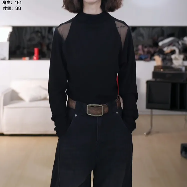 网纱拼接肩袖秋冬半高领插肩袖修身打底T恤LK2507317