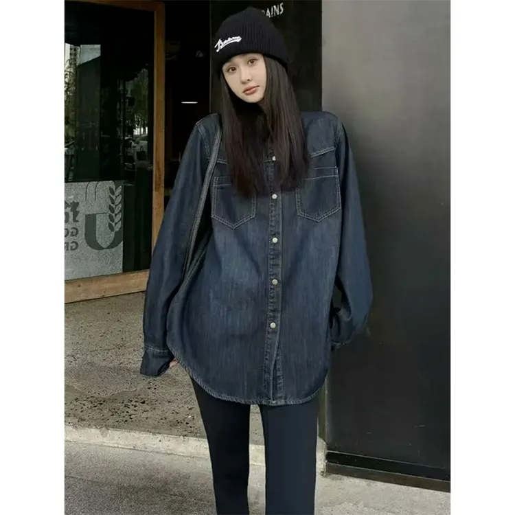 欧货复古加绒长袖牛仔衬衫外套女冬季设计感百搭翻领叠穿内搭衬衣