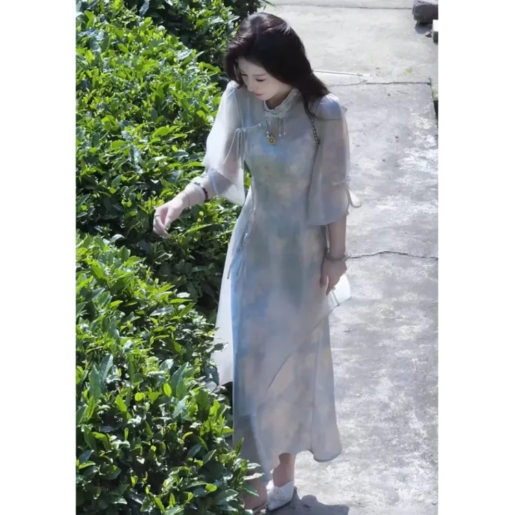 新中式江南水乡温柔旗袍高级设计感夏季新款牡丹花连衣裙套装832