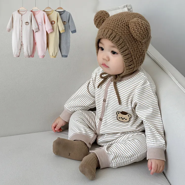 春秋婴儿连体衣宝宝长袖哈衣棉质爬服初生儿条纹外出服小月龄衣服