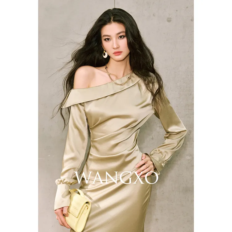 WANGXO  捏褶收腰斜肩醋酸衬衫半裙套装250918W