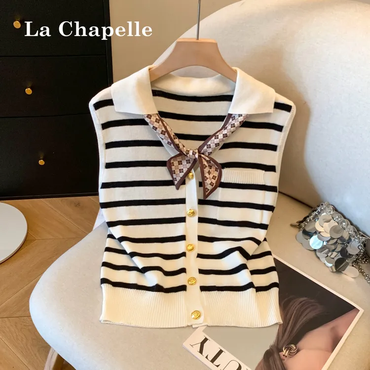 拉夏贝尔条纹翻领马甲背心女装Polo领夏季叠穿外搭显瘦无袖上衣潮