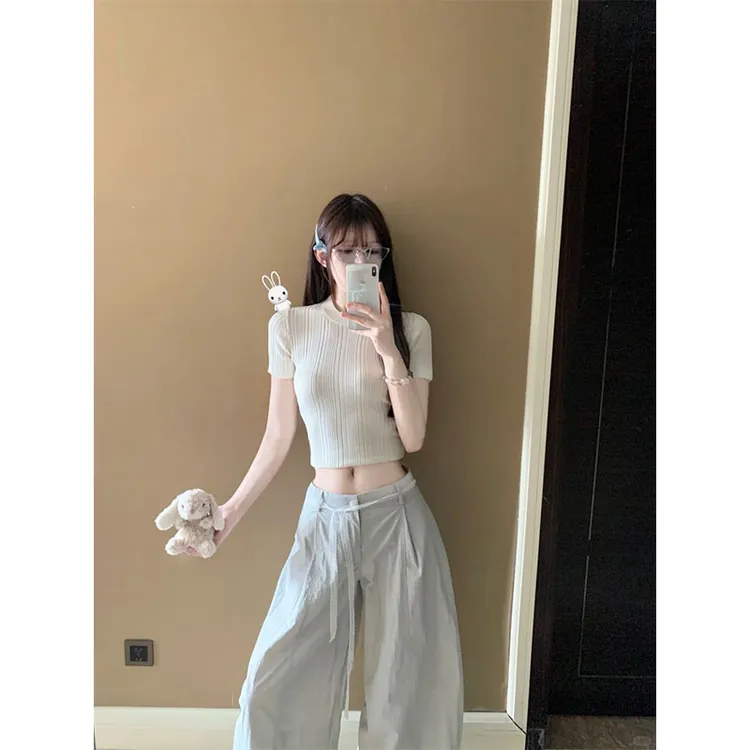 2025夏季新款简约风时尚针织修身显瘦短袖上衣休闲宽松百搭长裤女