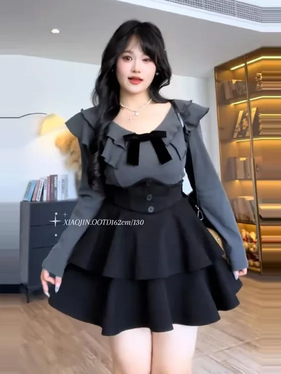 大码胖mm秋季甜美穿搭一整套韩式蝴蝶结上衣加半身裙减龄两件套装