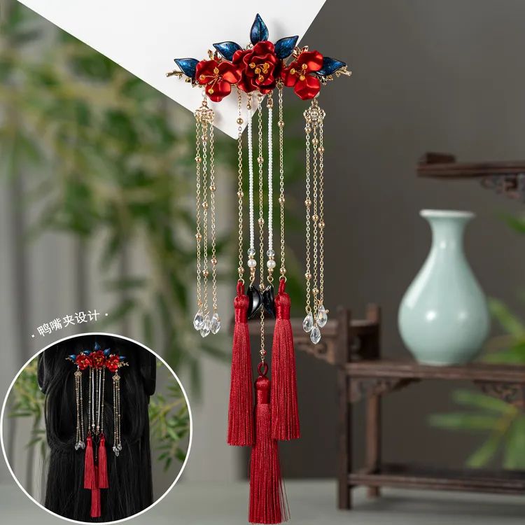 春亦轩古风发饰红簪映长流苏后压古装旗袍汉服马面裙半披发头饰女