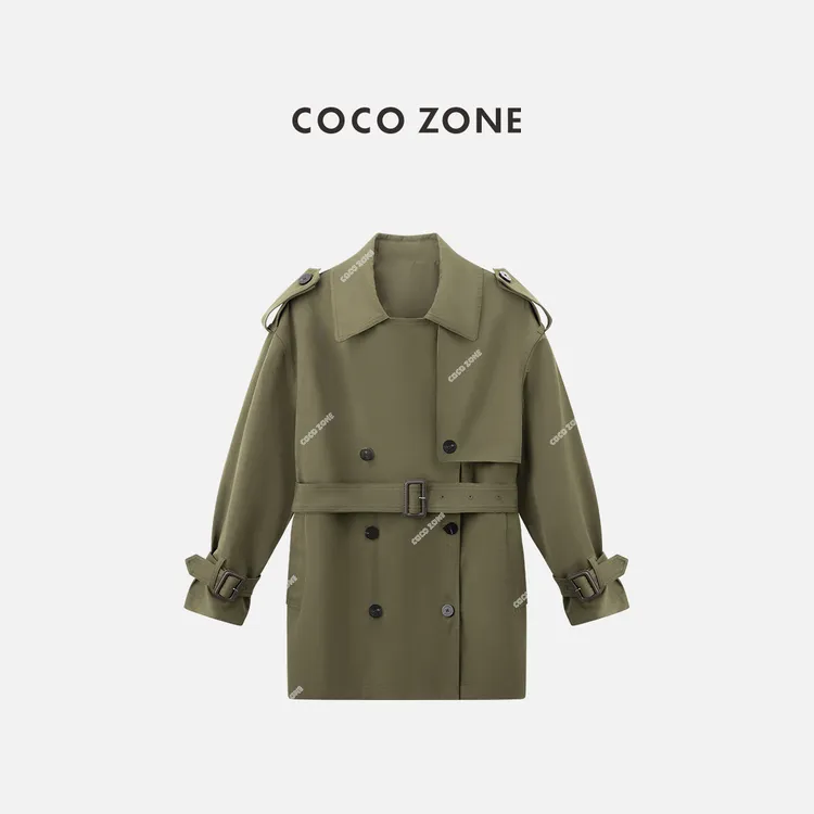 COCO ZONE 刘一一"绿色风衣"翻驳领通勤双排扣设计上衣CD1A0276
