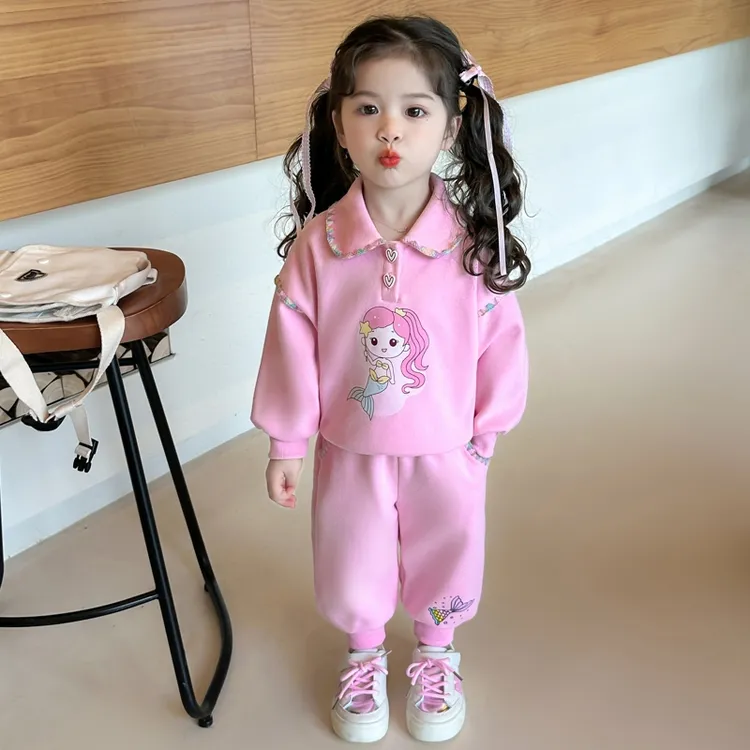 女小童美人鱼套装春秋款女宝宝POLO领卫衣春装小女孩休闲两件套潮