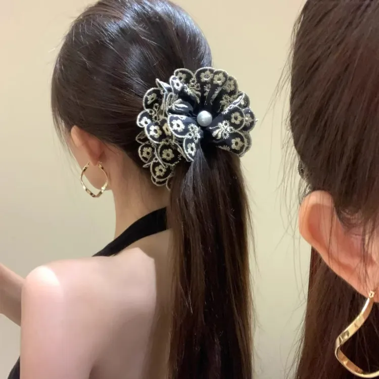高级感布艺蕾丝刺绣香蕉夹高质感新款高级扎马尾发夹头饰发夹
