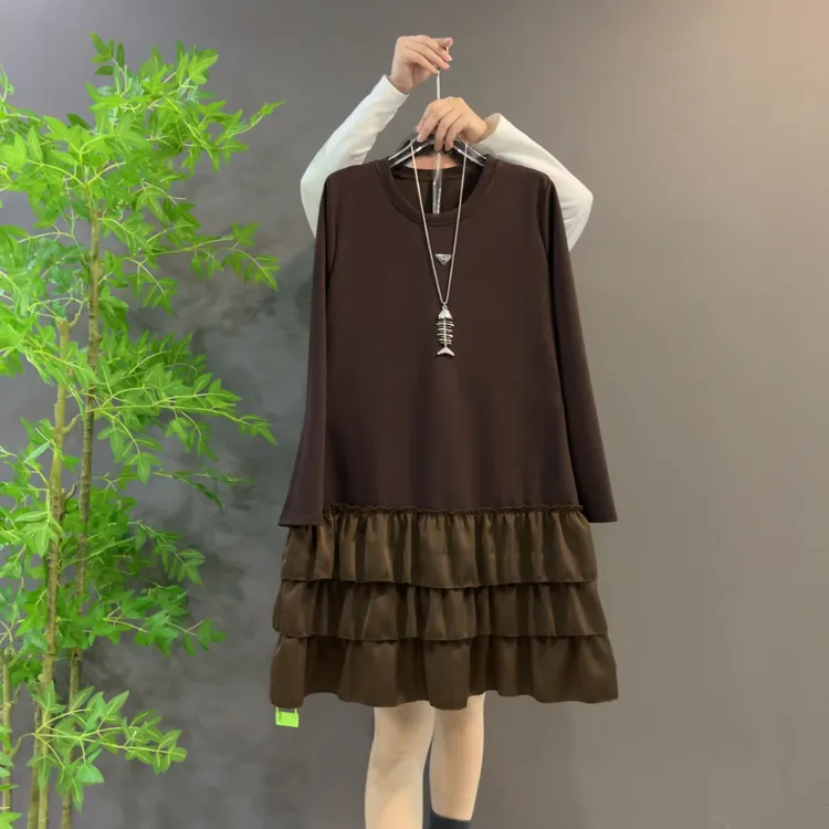 秋冬季名媛风大码连衣裙显瘦圆领中长款长袖拼接蛋糕裙大码女装