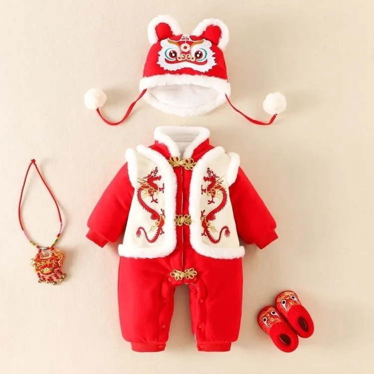 婴幼儿拜年服棉服连体衣服男女宝宝百天过年哈衣冬季加厚外出爬服