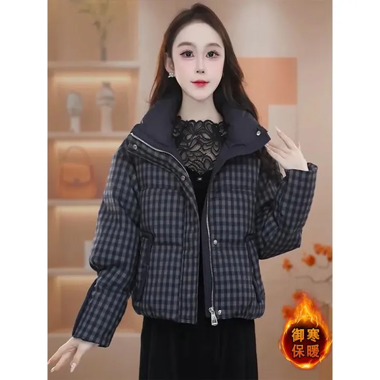 时尚格纹棉服外套女2025冬季新款加厚保暖立领显瘦休闲短款棉衣潮