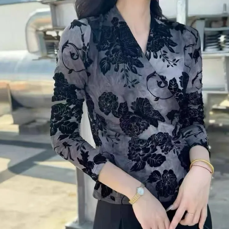 修身型纱网常规提花长袖蕾丝T恤印花侧开领中国风