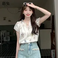 慕兔法式碎花荷叶边系带领口衬衫女2025夏季新款设计感百搭上衣