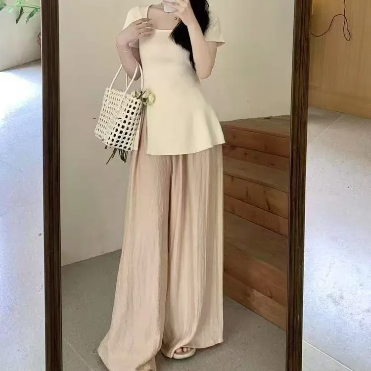 2025年春季新款时尚气质洋气显瘦简约百搭上衣+阔腿裤两件套