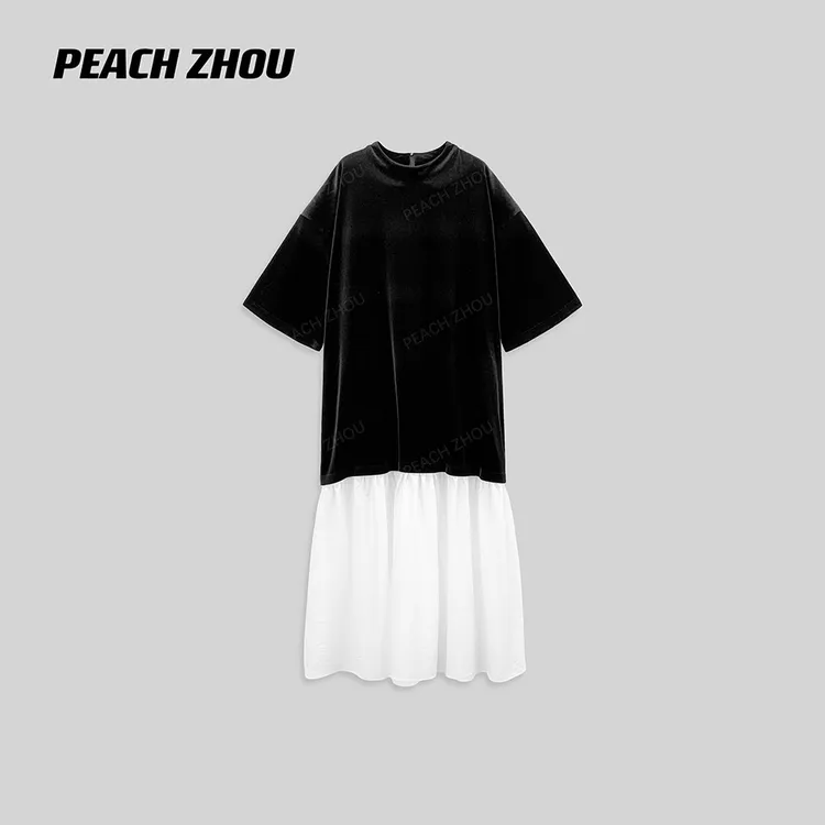 『PEACHZHOU』韩国丝绒棉布下摆拼接宽松气质高级感圆领短袖连衣裙
