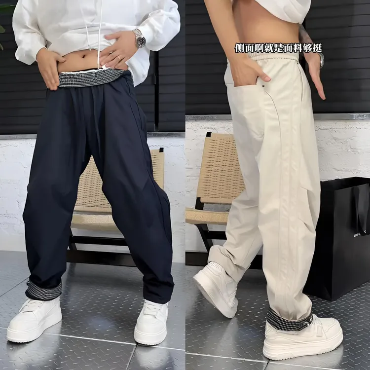 秋季新品男士结构机能风轻工装弯刀裤秋季拼接格纹卷边休闲长裤YL