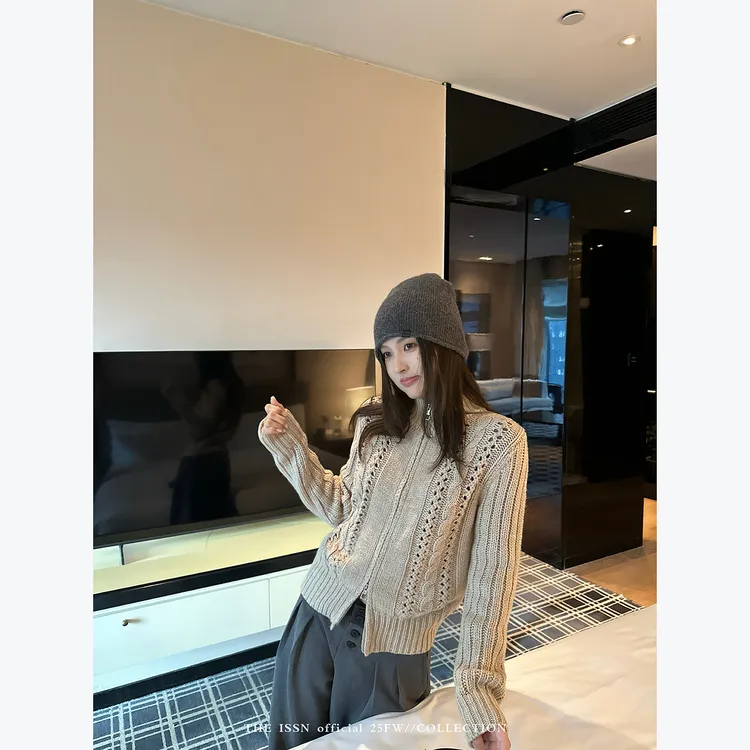 THEISSN宁司 镂空坑条拉链毛衣女秋季宽松针织外套上衣 01416