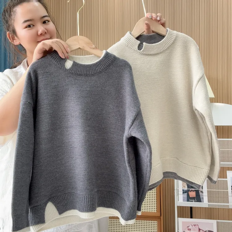 韩版男童假两件毛衣针织衫宽松加厚秋冬套头毛衣