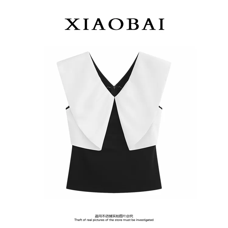 XIAOBAI 法式蝴蝶领上衣2025年新款御姐风短袖拼色设计师潮牌女装