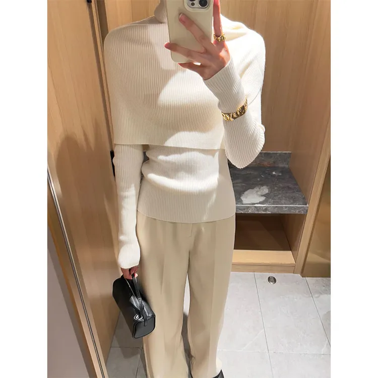 2025女士新款显瘦披肩假两件斗篷针织衫高领上衣高腰垂感阔腿裤