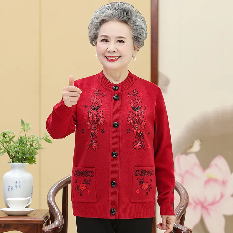 妈妈装秋冬毛衣女加绒加厚中老年针织衫奶奶装开衫老年人春装外套