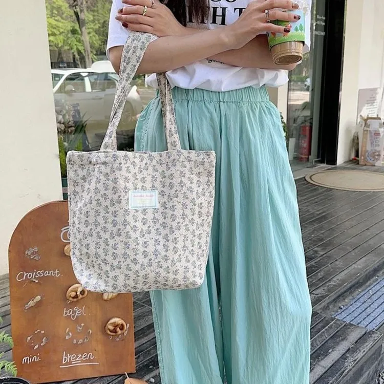 碎花帆布包肌理感棉麻大容量单肩手提包休闲学生购物袋