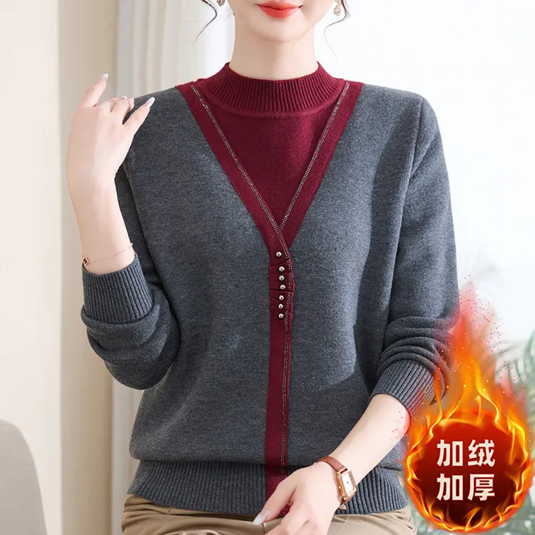 2025新款妈妈冬装加绒加厚打底衫中老年女装假两件时尚保暖毛衣